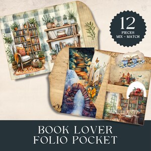 May include: A collection of 12 mix-and-match pieces featuring watercolor illustrations of cozy reading nooks, bookshelves, and whimsical scenes. The text "BOOK LOVER FOLIO POCKET" is displayed at the bottom.