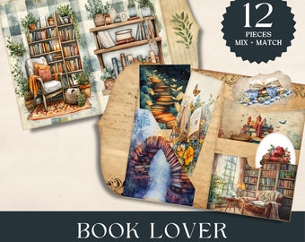 Kit de folio pour bibliothécaire pour bibliophiles, pochette de lecture, folio de poche bohème, étagère de la librairie, cliparts confortables, coin de bibliothèque floral, cadeau pour amateur de livre de lecture