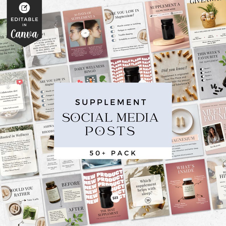 Flatlay of editable Canva Instagram templates for supplement and wellness brands, showing aesthetic 4:5 post designs with bold minimalist layouts.