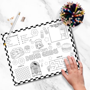 Diner placemat for kids with coloring activities, maze, and games

Printable kids placemat with retro food illustrations and activity sections

Restaurant activity placemat featuring Connect 4, draw-your-own diner, and fries

Children’s activity page with coloring and retro diner theme

Printable placemat for kids with games and food-themed illustrations