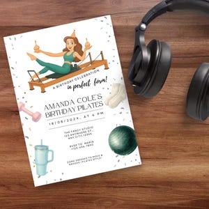 Fun Pilates birthday invitation featuring a woman balancing cupcakes in a Pilates reformer pose, surrounded by fitness accessories like socks, water bottle, and exercise ball.