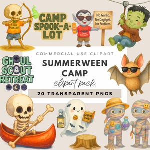 Puede incluir: Una colección de imágenes prediseñadas de Summerween Camp en formato PNG. Las imágenes incluyen un esqueleto arquero, un vampiro con protector solar, un personaje de Frankenstein, un murciélago con gafas de sol, un esqueleto en canoa, un fantasma y momias.