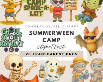Summerween Camp Clipart PNG Bundle, Cute Spooky Kids Camping Art with Ghosts, Skeletons, Zombies & Mummies, Summer Halloween Clip Art Pack