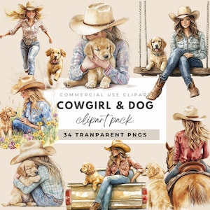 Clipart di Cowgirl e cane Acquerello Cowgirl Cane PNG Rustico Fattoria Country-Themed Arte Western Stile Fattoria Selvaggio West Clipart di Horsegirl
