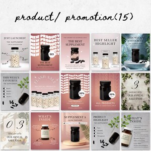 Flatlay of editable Canva Instagram templates for supplement and wellness brands, showing aesthetic 4:5 post designs with bold minimalist layouts.