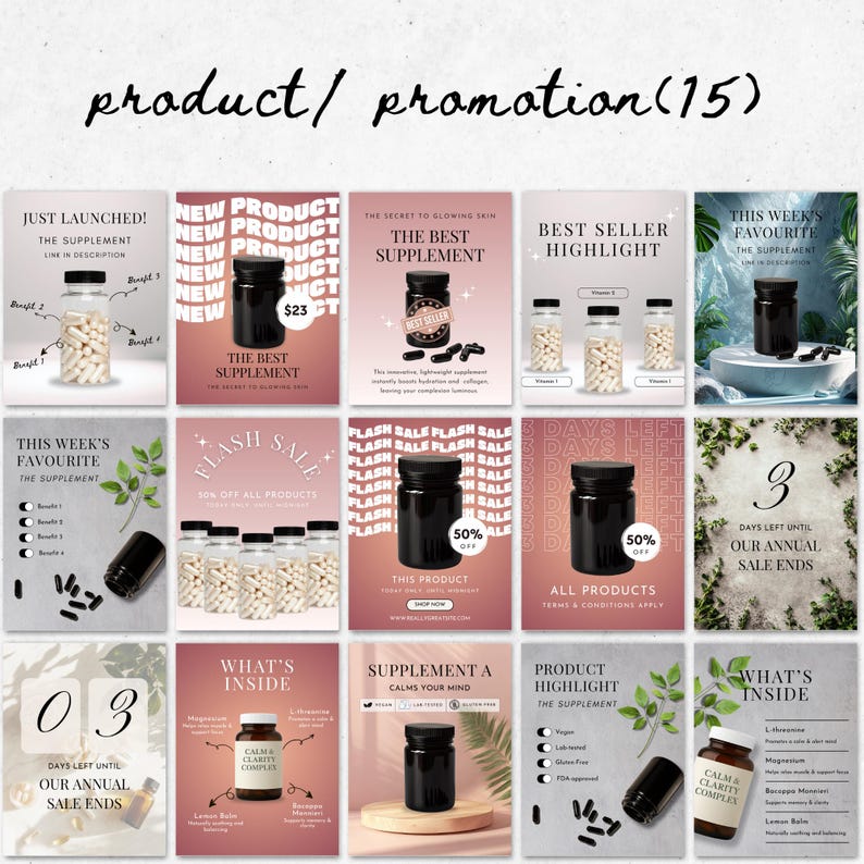 Flatlay of editable Canva Instagram templates for supplement and wellness brands, showing aesthetic 4:5 post designs with bold minimalist layouts.