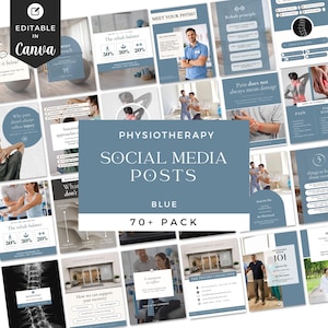 May include: A collection of blue physiotherapy social media posts, editable in Canva. The design includes text and graphics about rehab, pain, and recovery. The pack contains over 70 posts.