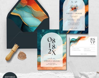May include: A teal and burnt orange wedding invite set. The set includes an invitation, RSVP card, and envelope with a matching abstract design. The invitation features the names "Amelia & Oliver" and the date "November 4, 202X".