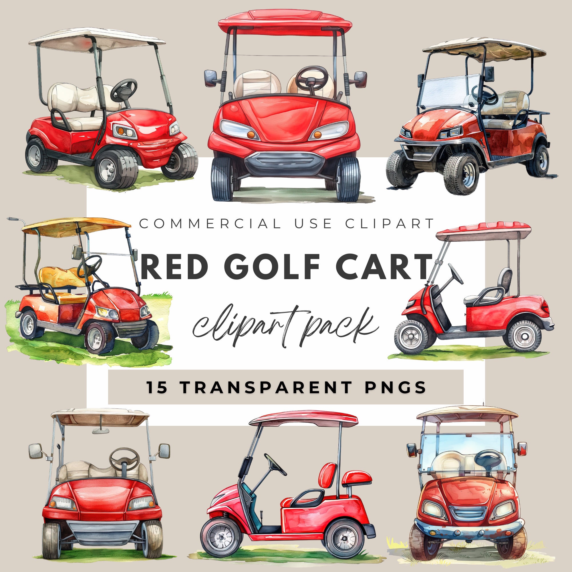 Cart Color:red Watercolor Golf Cart Clipart Golfer Clipart Red Golf Cart Sublimation ...