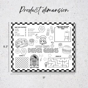 Diner placemat for kids with coloring activities, maze, and games

Printable kids placemat with retro food illustrations and activity sections

Restaurant activity placemat featuring Connect 4, draw-your-own diner, and fries

Children’s activity page with coloring and retro diner theme

Printable placemat for kids with games and food-themed illustrations