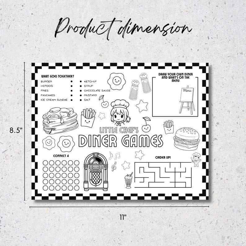 Diner placemat for kids with coloring activities, maze, and games

Printable kids placemat with retro food illustrations and activity sections

Restaurant activity placemat featuring Connect 4, draw-your-own diner, and fries

Children’s activity page with coloring and retro diner theme

Printable placemat for kids with games and food-themed illustrations