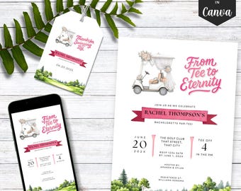 Golf Bachelorette Party Invitation Set with Thank You Tag & eVite, Last Swing Before the Ring Par-Tee Invite for Sporty Bridal Celebration