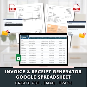 Könnte beinhalten: Ein Laptop-Bildschirm zeigt eine Google-Tabelle mit einer Tabellenvorlage zum Erstellen von Rechnungen und Quittungen. Die Tabelle enthält Spalten für die Kunden-ID, den Kundennamen, die E-Mail-Adresse, die Adresszeile 1 und die Adresszeile 2. Die Tabelle ist mit "Rechnungs- und Quittungsgenerator Google Tabellenblatt" betitelt und der Text "PDF erstellen. E-Mail. Verfolgen" wird unter dem Titel angezeigt.