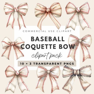 May include: Ten watercolour illustrations of baseball-themed bows with red stitching. The bows are white with a cream-coloured centre. The text "COMMERCIAL USE CLIPART" and "BASEBALL COCQUETTE BOW clipart pack 10 + 3 TRANSPARENT PNGS" is displayed on a white rectangle.