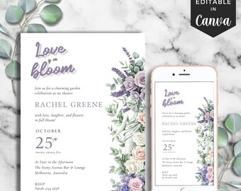 Plantillas para invitación de boda y eVite con el mensaje "Love Is in Bloom", invitación de boda con diseño de jardín francés con flores en tonos pastel, elegante invitación digital imprimible