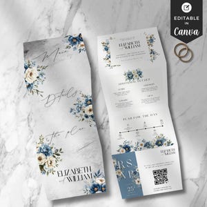 Dusty Blue gefaltete Hochzeitseinladungsvorlage, elegantes Blumenhochzeitseinladungsset, bearbeitbare Canva Antwortkarte, digital druckbare Einladung