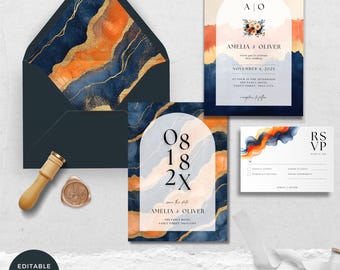 May include: Terracotta and navy blue wedding invitation suite. The suite includes an invitation, RSVP card, and envelope. The design features watercolor-style abstract art with gold accents. The text includes the names Amelia & Oliver and the wedding date.