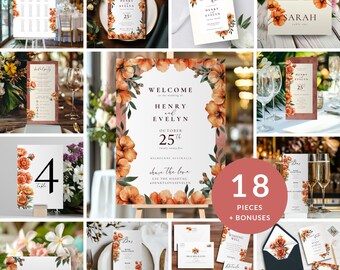 May include: A set of 18 printable wedding stationery pieces featuring a watercolor floral design with orange flowers and green leaves. The text includes the names Henry and Evelyn, the date October 25th, and the hashtag #AHenkyLovesEvelyn.