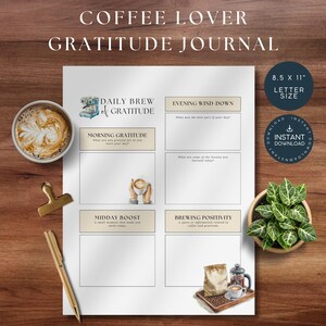 Op de afbeelding: Een printbaar dankbaarheidsdagboek met een koffie-thema. Het dagboek is verdeeld in vier secties: Ochtend Dankbaarheid, Middag Boost, Positiviteit brouwen en Avond Ontspanning. Elke sectie heeft een ruimte om te schrijven en een kleine illustratie.