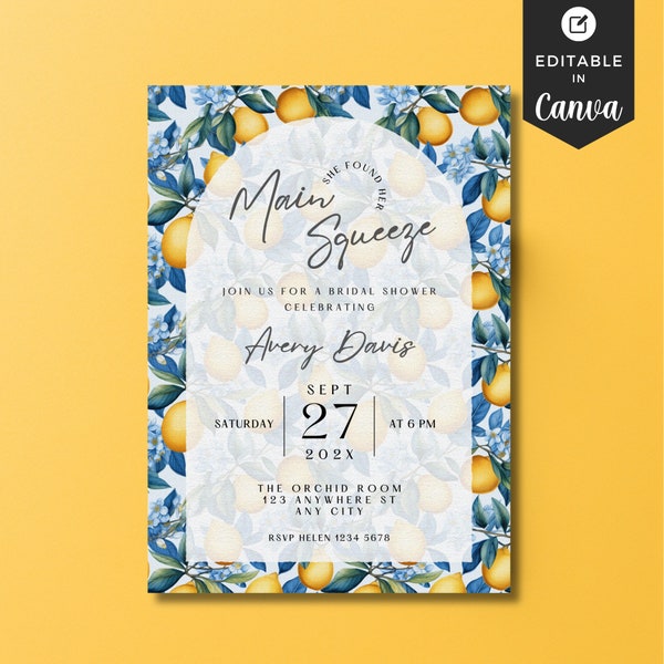 She Found Her Main Squeeze Bridal Shower Invitation Template Canva Wedding Shower Lemon Theme Bridal Shower Invite Mediterranean Party