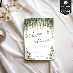 Spanish Moss Wedding Invitation Template, Rustic Oak Tree Wedding Invite with Lanterns and Greenery, Editable Spanish Moss Tree Print
