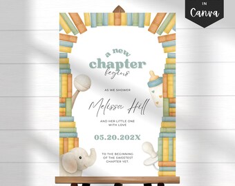 A New Chapter Begins Baby Shower Welcome Sign, Book Theme Baby Shower Sign, Literary Baby Shower Decor, Gender Neutral Canva Template