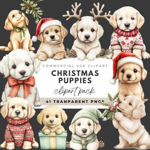 Christmas Puppies Clipart PNG Watercolor Dog Clipart in Christmas Sweaters Funny Festive Dogs with Santa Hats Present Holiday Puppy Clipart