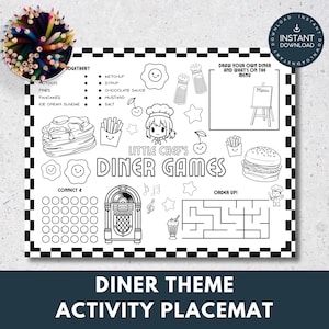 Diner placemat for kids with coloring activities, maze, and games

Printable kids placemat with retro food illustrations and activity sections

Restaurant activity placemat featuring Connect 4, draw-your-own diner, and fries

Children’s activity page with coloring and retro diner theme

Printable placemat for kids with games and food-themed illustrations