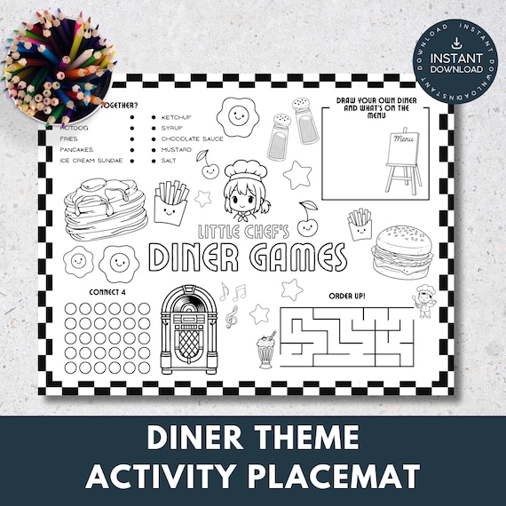 Diner Placemat for Kids, Printable Kids Placemat and Restaurant Activity Placemat, Coloring Placemat Activity Sheet for Children Retro Diner