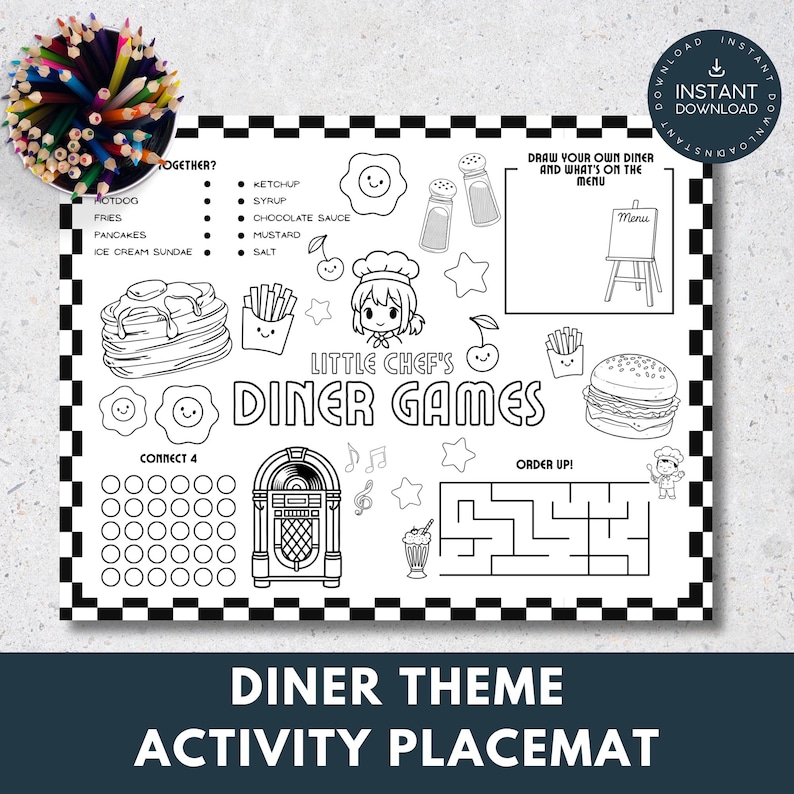 Diner placemat for kids with coloring activities, maze, and games

Printable kids placemat with retro food illustrations and activity sections

Restaurant activity placemat featuring Connect 4, draw-your-own diner, and fries

Children’s activity page with coloring and retro diner theme

Printable placemat for kids with games and food-themed illustrations