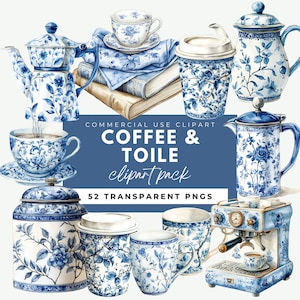 Watercolor Coffee & Blue Toile Clipart Collection Coffee Lover Clipart Coffee Mug Clipart Toile de Jouy Floral PNG Blue White Chinoiserie