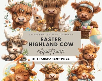 May include: A set of 21 digital clipart images featuring cute Highland cows in various Easter-themed poses. The cows are wearing flower crowns, holding carrots, and sitting in baskets with Easter eggs. The images are perfect for creating Easter crafts, cards, and decorations.