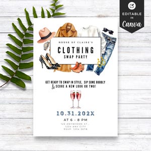 May include: Invitation to a clothing swap party at House of Claire's. The invitation features a watercolor illustration of clothing items, including a brown jacket, a white t-shirt, blue jeans, a hat, shoes, and boots. The text on the invitation reads "House of Claire's Clothing Swap Party" and includes the date, time, and location of the party.