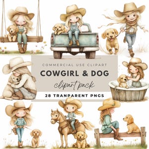 Jolie cow-girl et chien Clipart aquarelle cow-girl PNG pays Clipart sur le thème du Far West Horsegirl époque ferme rustique style cheval fille PNG