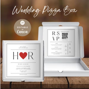May include: White wedding pizza box with the text "Wedding Pizza Box" in a script font. The box features a design with the initials "H" and "R" separated by a red heart. The box is open, revealing an RSVP card with a QR code.
