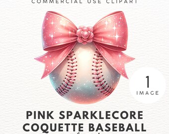 May include: A pink and white baseball with a sparkly pink bow and a white flower in the center. The baseball has a pink glitter effect. The text "PINK SPARKLECORE COQUETTE BASEBALL clipart" is below the baseball.