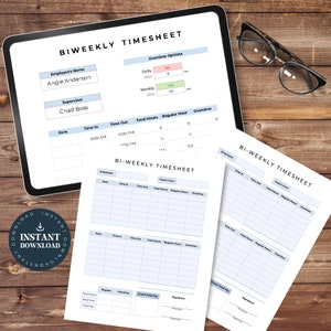 Peut inclure: Un modèle de feuille de temps bi-hebdomadaire avec un schéma de couleurs bleu et blanc. Le modèle comprend des sections pour le nom de l'employé, le superviseur, la date, l'heure d'arrivée, l'heure de départ, le nombre total d'heures, les heures régulières et les heures supplémentaires. Le modèle comprend également une section pour les options de heures supplémentaires, avec des options pour les heures supplémentaires quotidiennes et hebdomadaires.