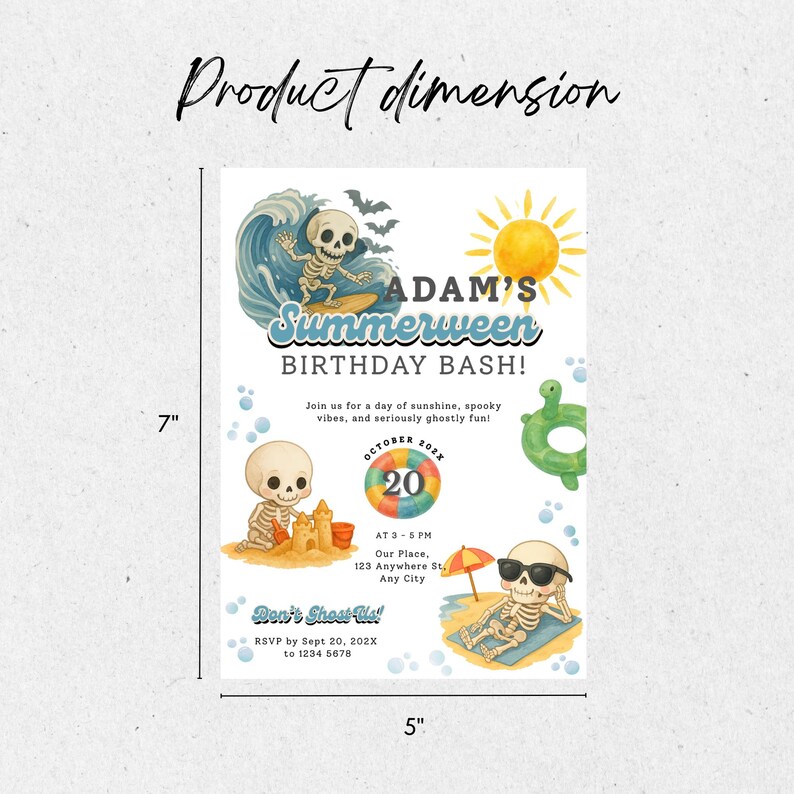 Skeleton Summerween Halloween Pool Invitation Printable, Summerween Birthday Invitation Digital, Summerween Pool Party Invite, Kid Birthday