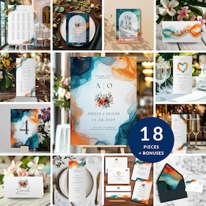 Dark Teal and Burnt Orange Wedding Invitation Bundle with Alcohol Ink Art, Fall Wedding Invitation Green and Orange, Rust Orange Wedding