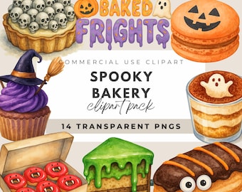 ハロウィーンのベーカリーのクリップアート水彩PNG、カップケーキ、ドーナツ、ケーキ、かわいいハロウィーンの食べ物の不気味なデザートのイラストPNGダウンロード