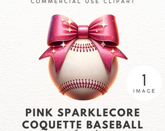 May include: A pink sparkly baseball with a pink bow. The baseball has white stitching and a red and white design.