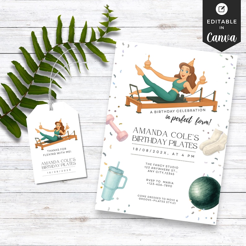 Fun Pilates birthday invitation featuring a woman balancing cupcakes in a Pilates reformer pose, surrounded by fitness accessories like socks, water bottle, and exercise ball.