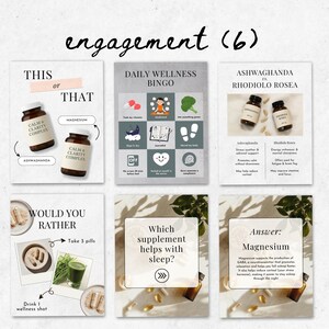 Flatlay of editable Canva Instagram templates for supplement and wellness brands, showing aesthetic 4:5 post designs with bold minimalist layouts.