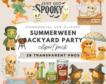Summerween Backyard Clipart PNG Bundle, Cute Spooky Pool Party, Cute Skeleton Ghost Zombies, Summer Halloween Vibes, Cute Witch Art Clipart
