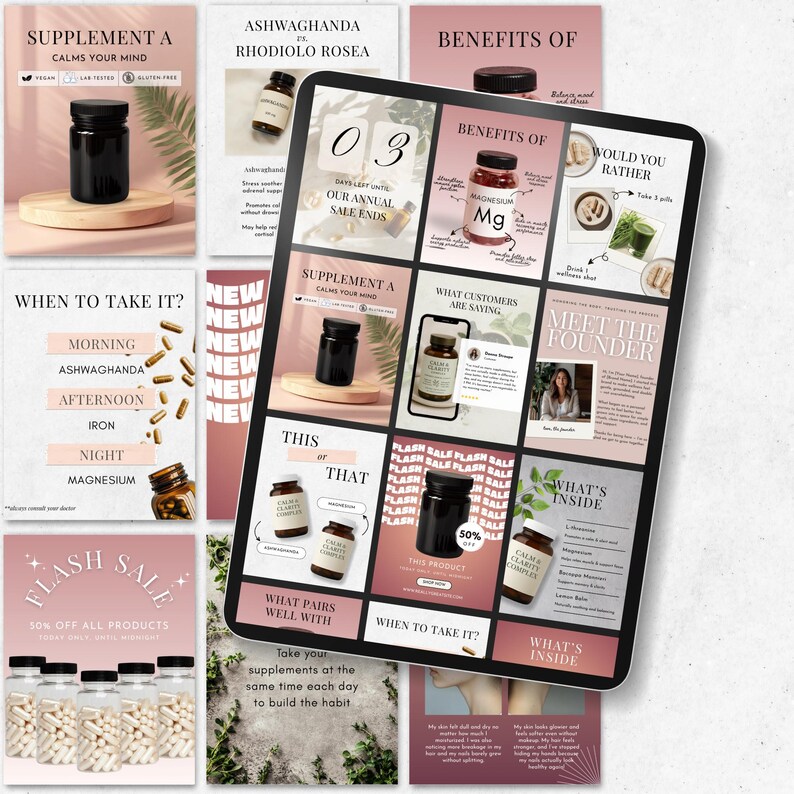 Flatlay of editable Canva Instagram templates for supplement and wellness brands, showing aesthetic 4:5 post designs with bold minimalist layouts.