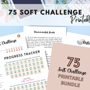 May include: Printable 75 Soft Challenge bundle with a progress tracker, recommended books, and reflection pages. The tracker is a grid with numbers 1 to 75. The reflection page has a light pink background with the text "Reflection" in a light blue circle.