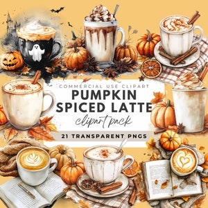 Clipart de abóbora com especiarias em aquarela Clipart de bebidas de outono Clipart de café de outono Bebidas aconchegantes PNG Bebida de café de outono Arte de café Menu de bar