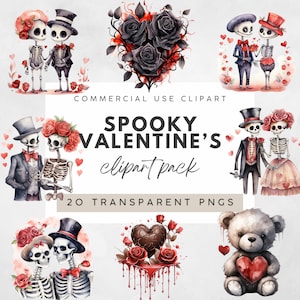 May include: A digital clipart pack with a spooky Valentine's theme. The image features watercolor illustrations of skeleton couples, black roses, a teddy bear, and a chocolate heart. The text reads "Spooky Valentine's clipart pack" and "20 transparent PNGs".