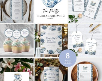 Tea Party Bridal Shower Invitation Bundle Blue Floral Bridal Tea Party Decor,Tea Party Bridal Shower Sign Tea Party Bridal Brunch Luncheon