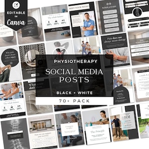 Könnte beinhalten: Eine Sammlung von schwarz-weißen Social-Media-Posts für Physiotherapie. Die Beiträge enthalten Texte wie "Physiotherapie", "Social Media Posts" und "70+ Pack". Die Beiträge enthalten auch Bilder von Personen und medizinischen Informationen.